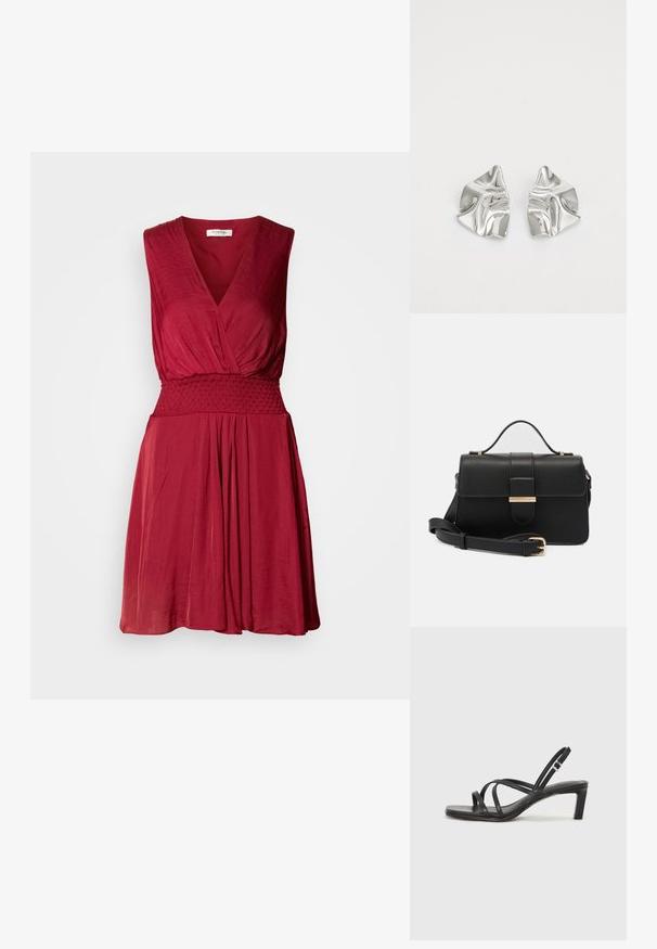 Vestido rojo sin mangas con escote en V profundo, cintura fruncida y falda fluida. Tela suave y ligera con una textura sutil.; Sandalia negra de tiras con punta cuadrada y tacón bajo de bloque. Presenta múltiples tiras delgadas y una correa ajustable en el tobillo. Fabricada en cuero suave.; Bolso de mano de cuero negro con acentos metálicos dorados, forma rectangular, cierre con solapa, correa de hombro ajustable, textura suave, diseño minimalista.; Pendientes de metal plateado con un diseño ondulado y escultórico, que presentan un acabado pulido y formas irregulares, destacando una estética contemporánea.