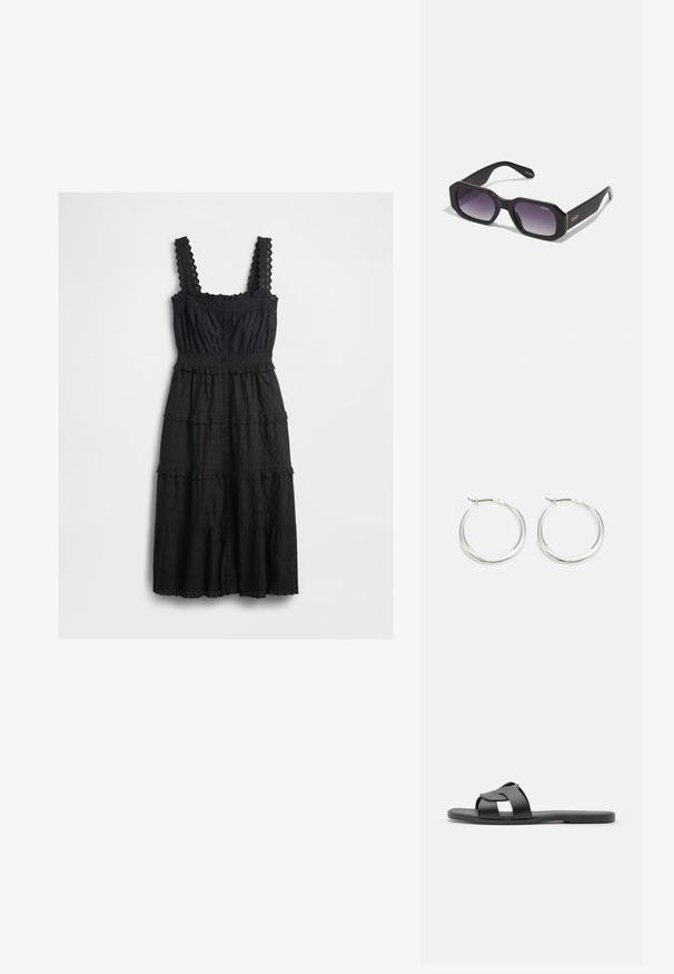 Robe noire à étages en tissu texturé avec des accents en dentelle sur les bretelles et le corsage, dotée d'un devant à boutons et de bords à festons.; Sandale noire à glissière avec un design de sangles croisées, semelle plate, texture mate et profil minimaliste. Convient pour un usage décontracté.; Lunettes de soleil noires surdimensionnées avec un front plat, des verres dégradés violets foncés et des branches accentuées de doré portant le logo de la marque "Quay."; Les boucles d'oreilles en argent en forme de créole présentent un design lisse et arrondi avec un profil fin et un fermoir sécurisé. Style minimaliste avec une finition polie.