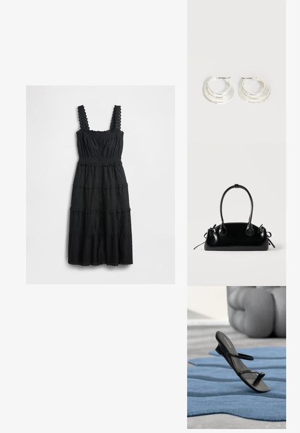 Vestido negro de varias capas hecho de una tela texturizada, con detalles de encaje en las tirantes y el busto, con un cierre frontal de botones y dobladillos con forma de labios.; Sandalia negra con tiras y lazo para el dedo en una alfombra texturizada azul, con un gran objeto decorativo gris desenfocado en el fondo.; Pequeño bolso negro brillante con dos asas largas y detalles de cordón lateral sobre un fondo claro liso.; Pendientes de aro de plata con tres bandas semicirculares superpuestas, una adornada con pequeños cristales transparentes sobre un fondo claro.
