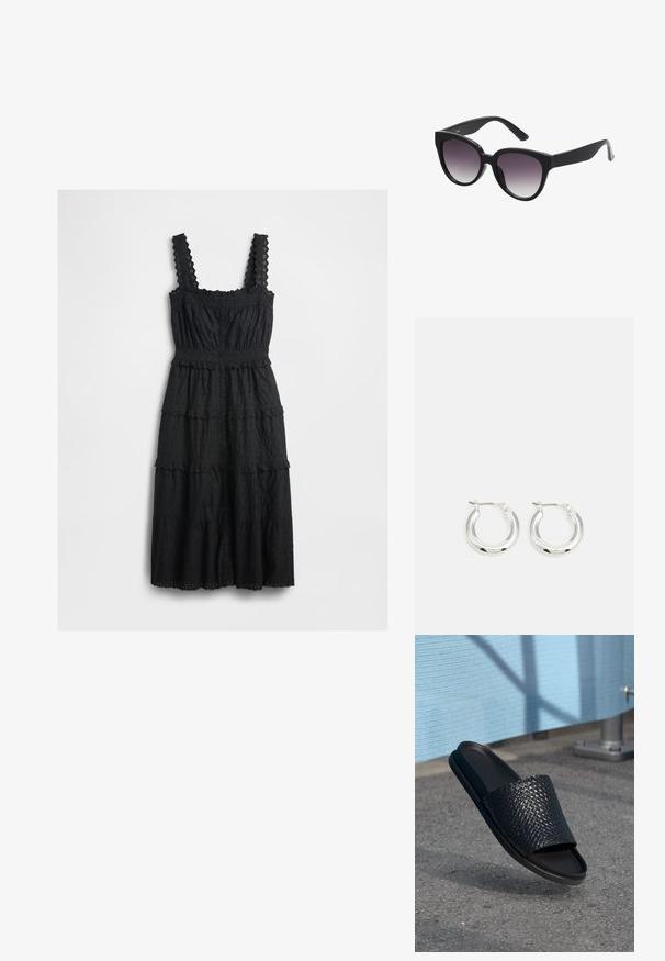 Robe noire à étages en tissu texturé avec des accents en dentelle sur les bretelles et le corsage, dotée d'un devant à boutons et de bords à festons.; Sandale noire à semelle plate avec une texture tissée sur le dessus, une semelle lisse, un design plat et un style minimaliste adapté à un usage décontracté.; Lunettes de soleil noires en forme d'œil de chat avec des verres gris dégradés. Monture épaisse en plastique brillant et branches effilées. Aucune marque ou ornement visible.; Boucles d'oreilles en argent avec une finition polie, présentant une forme circulaire et une fermeture à charnière. Texture lisse avec un minimum de détails.