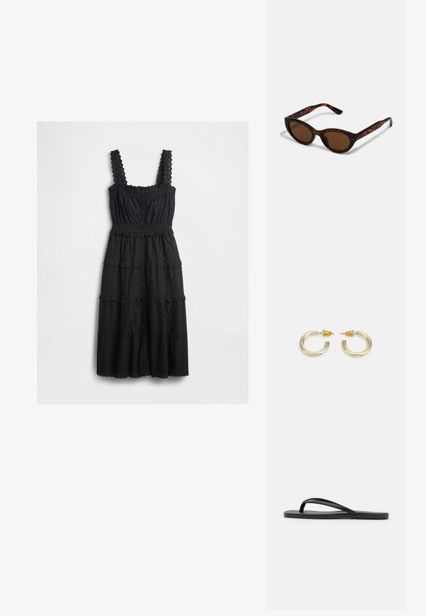 Vestido negro de varias capas hecho de una tela texturizada, con detalles de encaje en las tirantes y el busto, con un cierre frontal de botones y dobladillos con forma de labios.; Chanclas negras con un diseño minimalista, suela plana, tiras estrechas y una textura suave. Sin patrones ni acentos adicionales.; Gafas de sol de carey marrón con una forma vintage de ojo de gato y lentes marrones. Presentan brazos curvados con acentos rojos.; Pendientes de aro en tono dorado con una forma suave y redondeada y un acabado pulido. Presentan acentos naranjas en la parte trasera para un ajuste seguro.