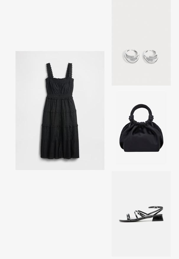Robe noire à étages en tissu texturé avec des accents en dentelle sur les bretelles et le corsage, dotée d'un devant à boutons et de bords à festons.; Sandale à talon bas en cuir verni noir avec plusieurs fines lanières et une petite bride à boucle autour de la cheville sur fond blanc.; Sac à main en tissu noir doux avec haut froncé et poignées circulaires rembourrées nouées de chaque côté.; Paire de boucles d'oreilles anneaux en argent poli avec un design de barre incurvée superposée sur un fond clair uni.