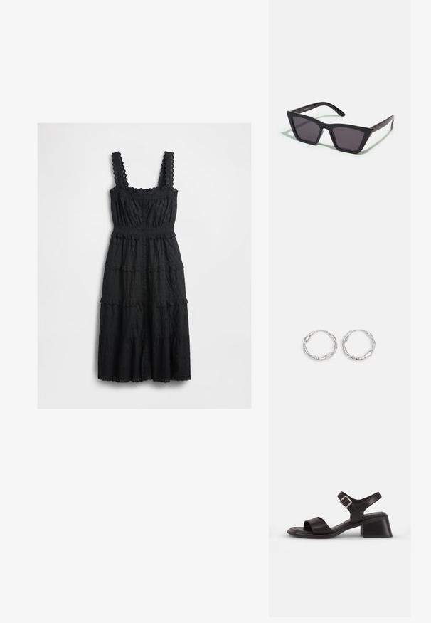 Robe noire à étages en tissu texturé avec des accents en dentelle sur les bretelles et le corsage, dotée d'un devant à boutons et de bords à festons.; Sandale en cuir noir avec un bout ouvert, une large sangle sur le pied et une sangle de cheville avec une boucle en argent. Design à talon carré.; Lunettes noires angulaires avec des verres gris ; fabriquées en plastique, avec des branches épaisses à la surface lisse et sans matériel visible.; Boucles d'oreilles en argent en forme de créole, avec une texture ondulante et irrégulière. Présente une forme circulaire mince et une finition réfléchissante.