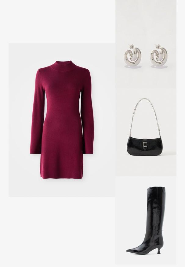 Robe tricotée bordeaux ajustée à manches longues, avec col montant, ourlet droit et texture lisse sur un fond uni.; Bottes en cuir noir, montantes jusqu'au genou, avec une finition brillante, un bout pointu et un petit talon carré. Texture lisse, détails de couture minimalistes.; Sac à épaule en cuir verni noir avec détail de boucle argentée et bandoulière en chaîne argentée, présenté sur un fond uni clair.; Boucles d'oreilles en métal argenté avec un design tourbillonnant, présentant des surfaces lisses et une finition polie, maintenues par un fermoir en papillon.