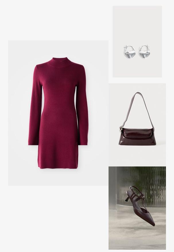 Vestido de punto burdeos ajustado de manga larga con cuello simulado, dobladillo recto y textura suave sobre un fondo liso.; Zapato de tacón tipo slingback de cuero marrón oscuro con punta puntiaguda, tiras delgadas y un pequeño tacón de aguja curvado, exhibido sobre un fondo abstracto.; Bolso bandolera de cuero burdeos oscuro con cierre de solapa y una correa ajustable delgada, exhibido sobre un fondo claro y liso.; Par de pendientes de aro en forma de candado con forma de corazón plateado brillante con pequeños detalles de cerradura en un fondo liso y claro.