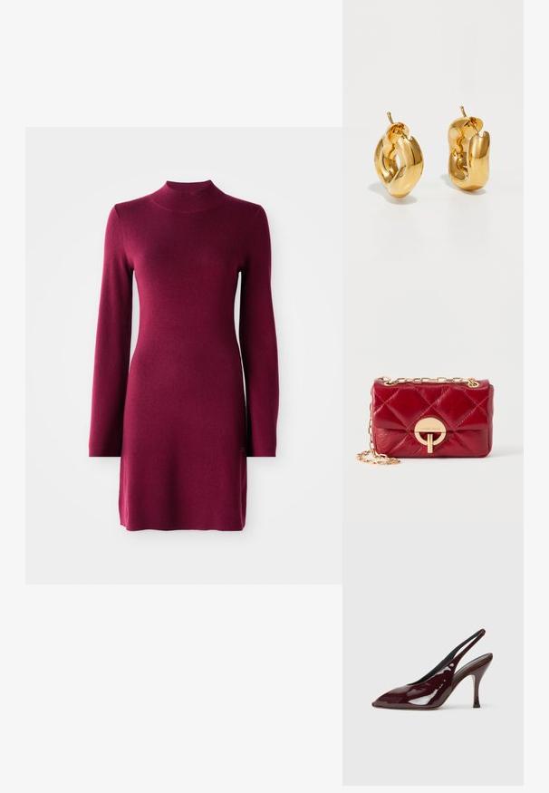 Robe tricotée bordeaux ajustée à manches longues, avec col montant, ourlet droit et texture lisse sur un fond uni.; NEOUS HAMAL - Escarpins à talons hauts - dark chocolate; Sac en cuir matelassé rouge avec une bandoulière chaîne dorée, doté d'une fermeture circulaire et d'un logo embossé à l'avant. Design compact et rectangulaire.; Boucles d'oreilles créoles en or massif avec un design tubulaire légèrement tordu et des fermoirs à tige sur un fond blanc.