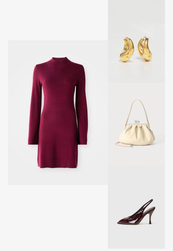 Robe tricotée bordeaux ajustée à manches longues, avec col montant, ourlet droit et texture lisse sur un fond uni.; NEOUS HAMAL - Escarpins à talons hauts - dark chocolate; Sac à main en cuir souple couleur crème avec un design froncé, fermoir cadre argenté, poignée courte et bandoulière chaîne amovible.; Boucles d'oreilles en or en forme de d'anneaux lisses et courbés avec une finition polie. Équipées d'un mécanisme de fermeture et de légères indentations pour le détail.