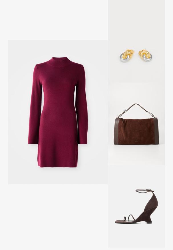 Vestido de punto burdeos ajustado de manga larga con cuello simulado, dobladillo recto y textura suave sobre un fondo liso.; Sandalia de tacón alto de ante marrón oscuro con cuña esculpida, correa en el tobillo con hebilla y dos finas correas en los dedos sobre una suela plana.; Bolso de ante marrón con acentos de cuero marrón suave, que presenta un asa superior, cierre de cremallera y un diseño limpio y minimalista.; Pendientes en forma de nudo de oro y plata con superficies lisas y un acabado pulido, que cuentan con un soporte seguro para su uso.