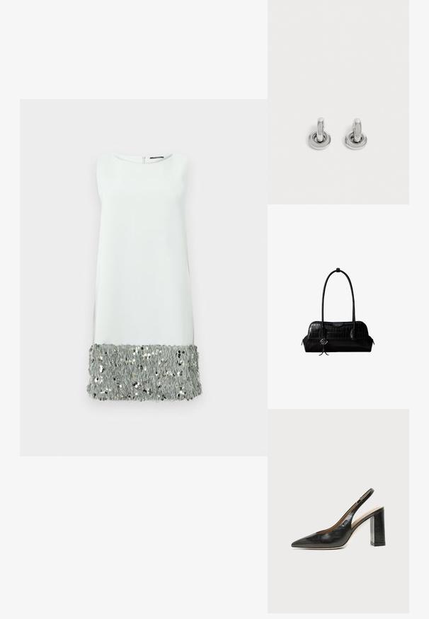 Vestido sin mangas de tejido gris claro con un dobladillo de lentejuelas esponjosas. Cuello redondo simple y cierre de cremallera en la parte posterior.; Zapato slingback de piel negra con puntera puntiaguda, tacón alto y ancho, y forro interior beige sobre un fondo claro y liso.; Bolso de hombro negro de cuero con textura de cocodrilo, con correas largas y un pequeño colgante de logo plateado en una correa.; Par de pequeños pendientes de aro plateados brillantes con base redonda, exhibidos sobre un fondo claro y liso.