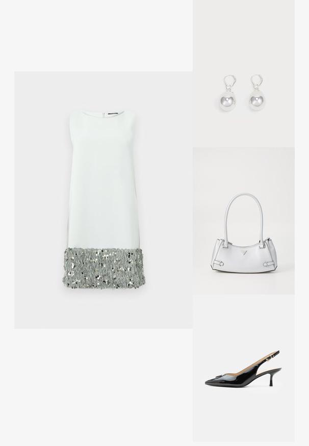 Robe sans manches en tissu gris clair avec un ourlet en sequins floconneux. Encolure ronde simple et fermeture éclair au dos.; Escarpin slingback en cuir verni noir avec bout pointu, petit talon kitten et bride à boucle argentée sur fond blanc uni.; Sac à main argenté avec un design structuré, doté de deux poignées, d'une texture brillante, de quincaillerie accentuée et d'un logo triangulaire sur le devant.; Boucles d'oreilles en argent en forme de goutte avec des surfaces lisses, rondes et réfléchissantes, suspendues à des fermoirs à ressort. L'arrière-plan est blanc uni.
