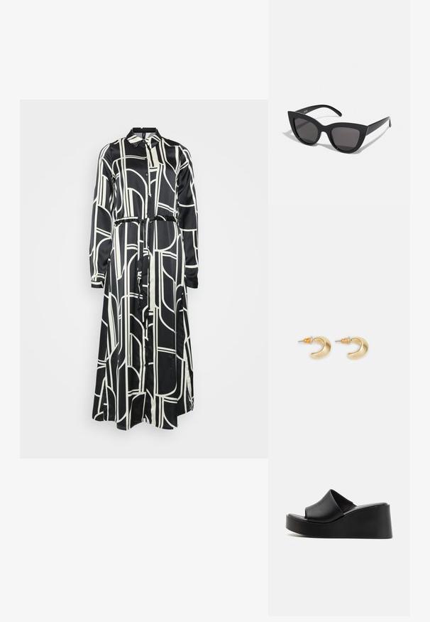 Vestido de manga larga en blanco y negro con un patrón geométrico, cierre de botones y cinturón atado a la cintura, hecho de una tela suave.; Sandalias de cuña deslizantes de cuero negro con una parte superior lisa y un tacón de plataforma, que presentan un diseño minimalista y un acabado ligeramente texturizado.; Gafas de sol negras en forma de ojo de gato con un acabado mate, que presentan lentes ahumados grises, ángulos pronunciados y brazos laterales elegantes. Nombre de la marca visible en el interior del brazo.; Pendientes en forma de media luna de oro con un acabado suave, que presentan acentos naranjas cerca del pasador y herrajes de plata.