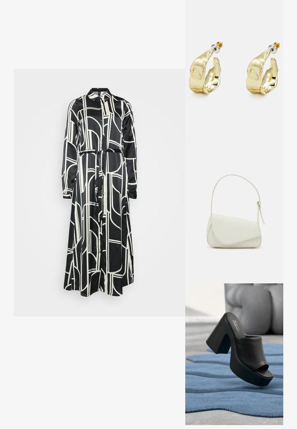 Vestido de manga larga en blanco y negro con un patrón geométrico, cierre de botones y cinturón atado a la cintura, hecho de una tela suave.; Zapato mule negro con plataforma, tacón alto y puntera abierta, apoyado sobre una alfombra azul texturizada con muebles grises desenfocados al fondo.; Bolso de mano de imitación cuero blanco con una forma triangular estructurada, correa ajustable única y cierre con solapa acentuada en curva.; Pendientes en tono dorado con forma de manos abstractas, que presentan una superficie brillante, detalles intrincados y un poste de plata y oro para un ajuste seguro.