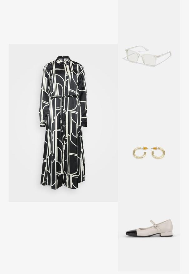 Vestido de manga larga en blanco y negro con un patrón geométrico, cierre de botones y cinturón atado a la cintura, hecho de una tela suave.; Zapato estilo Mary Jane en cuero crema con puntera de charol negro. Presenta una punta redonda, tirante en el tobillo con una hebilla cuadrada y un tacón bajo y cuadrado.; Gafas cuadradas de plástico transparente con lentes translúcidos, que cuentan con acentos dorados en las patillas para un detalle adicional.; Pendientes de aro en tono dorado con una forma suave y redondeada y un acabado pulido. Presentan acentos naranjas en la parte trasera para un ajuste seguro.