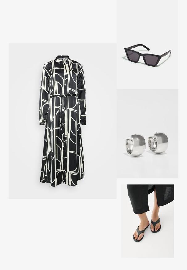 Schwarz-weißes Langarmkleid mit geometrischem Muster, Knopfverschluss und Bindegürtel in der Taille, aus glattem Stoff.; Nahaufnahme von Füßen in schwarzen Lederdornsandalen, darüber der Saum eines schwarzen Rocks sichtbar, über weißen Boden.; Schwarze, eckige Sonnenbrille mit grauen Gläsern; aus Kunststoff gefertigt, mit dicken Bügeln, die eine glatte Oberfläche und keine sichtbaren Beschläge haben.; Uncommon Matters SCULPTURAL LARGE CREOLE - Ohrringe - silver-coloured
