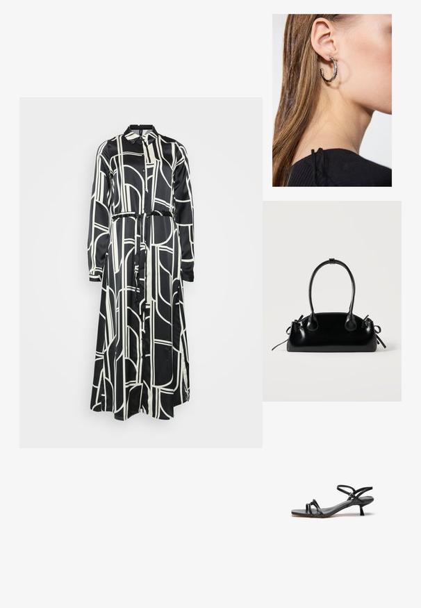 Schwarz-weißes Langarmkleid mit geometrischem Muster, Knopfverschluss und Bindegürtel in der Taille, aus glattem Stoff.; Schwarze Ledersandale mit einem schlanken, minimalistischen Design. Sie verfügt über zwei dünne Riemen und einen kleinen, schrägen Absatz. Glatte Textur und offener Zehenbereich.; Kleine schwarze glänzende Handtasche mit zwei langen Griffen und seitlichen Kordelzug-Details vor einfachem hellem Hintergrund.; Silberne Creolen mit polierter Oberfläche, die kleine goldene Akzentdetails und eine runde Form aufweisen, am Ohrläppchen getragen.
