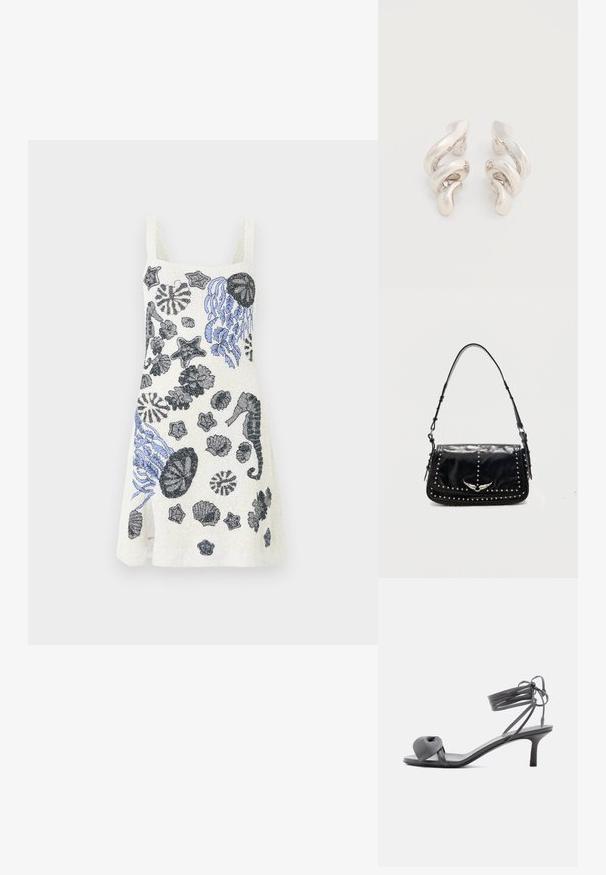 Robe blanche sans manches avec des créatures marines brodées en noir et bleu, comprenant des méduses, hippocampes, étoiles de mer et coquillages.; Sandale à talon en cuir gris avec une bride nouée sur les orteils et des lacets enroulants autour de la cheville, sur un talon moyen et fin, sur fond blanc.; Sac à épaule en cuir noir avec des clous argentés et un emblème métallique ailé sur le rabat avant sur fond uni.; Boucles d'oreilles clips en métal argenté torsadé avec une finition lisse et brillante, présentant un design moderne et abstrait en spirale.