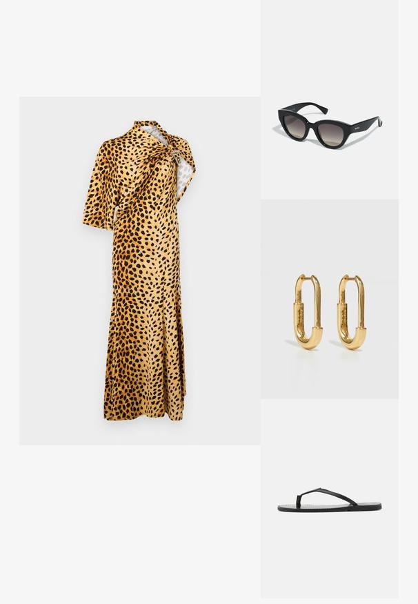 Rabanne Vestido largo - tan; Chancla negra con un diseño minimalista, que presenta tiras delgadas y una suela plana. El material parece plástico con una textura suave.; Gafas de sol negras en forma de ojo de gato con un acabado brillante, lentes degradados, montura ancha y el logo grabado "MaxMara" en el lateral.; Pendientes de aro de metal dorado con una forma ovalada alargada, que presentan una superficie lisa y pulida, y una pequeña bisagra para el enganche.