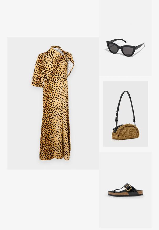 Rabanne Robe longue - tan; Sandale tong noire avec une tige brillante et un détail de boucle dorée, dotée d'une semelle en liège et d'une semelle en caoutchouc texturée.; Lunettes de soleil noires en forme d'œil de chat avec une finition mate, dotées de verres teintés gris, d'angles aigus et de branches élégantes. Nom de la marque visible sur la branche intérieure.; Petit sac à main tressé couleur fauve avec forme incurvée, bandoulière en cuir noir réglable et fermeture éclair argentée.