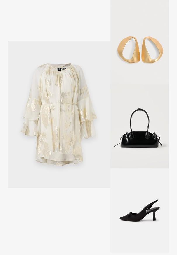 Leichtes, cremefarbenes Kleid mit goldenem Blumenmuster, ausgestellten Ärmeln und gerafftem Ausschnitt. Verfügt über einen Bindegürtel in der Taille für eine verstellbare Passform.; Schwarzer Slingback-Pumps mit spitzer Kappe, kleinem Schleifendetail vorne und schmalem Absatz, vor weißem Hintergrund gezeigt.; Kleine schwarze glänzende Handtasche mit zwei langen Griffen und seitlichen Kordelzug-Details vor einfachem hellem Hintergrund.; Paar unregelmäßiger, asymmetrischer goldener Creolen mit glatter, matter Oberfläche vor neutralem Hintergrund.