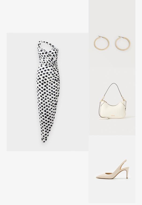 Hvid kjole med én skulder, prydet med sorte prikker og en kropsnær pasform med samlede detaljer langs siden.; Beige læder slingback-pumpe med spids tå og en tynd høj hæl. Har en udskæring ved hælen og en glat finish.; Hvid skuldertaske i læder med guldfarvet hardware, sort kant og aftagelig rem. Michael Kors-logo i guld nederst i midten.; Par af glatte guldfarvede mellemstore øreringe med hængsellukning på en ensartet lys baggrund.