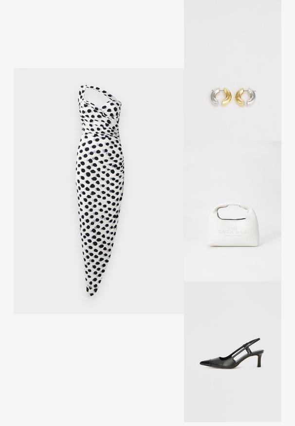 Witte jurk met een een-schouder ontwerp, versierd met zwarte stippen, en een aansluitende pasvorm met geraffineerde details aan de zijkant.; Zwarte leren slingback schoen met een puntige neus, voorzien van een glanzend detail op de neuskap en een hak van gemiddelde hoogte. Open zijkant ontwerp.; Witte leren handtas met een afgeronde bovenkant, korte handgreep en geperste branding. Gladde textuur, ritssluiting, compacte vorm.; Gouden en zilveren halfhoepel oorbellen met een gepolijste afwerking, met een kleine accenten van heldere rhinestones aan één kant.