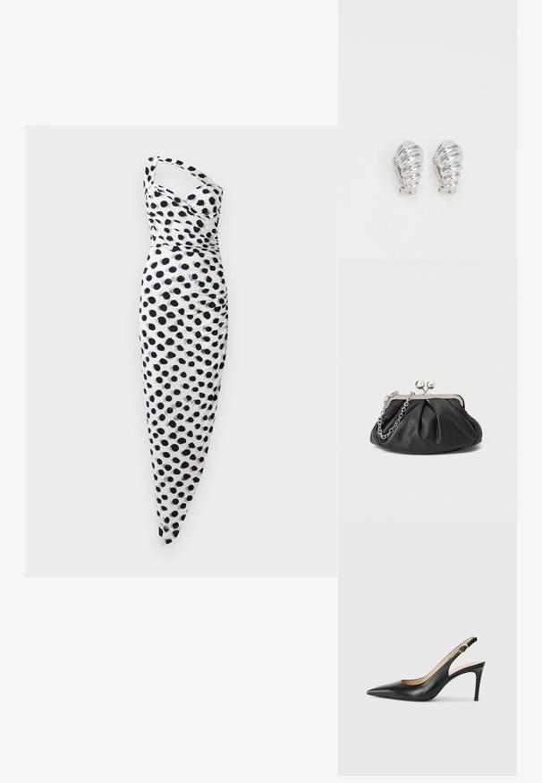 Vestido blanco con un diseño de un solo hombro, adornado con lunares negros, y un ajuste ceñido al cuerpo con detalles fruncidos a lo largo del costado.; Tacones altos negros de cuero con tirantes, punta afilada, correa ajustable y un elegante tacón de aguja, con un acabado suave.; Clutch de cuero negro con textura arrugada, marco de metal en tono plateado, cierre de beso y cadena para colgar. Superficie suave y lisa.; Pendientes de clip plateados con un diseño en espiral, que presentan una textura metálica suave y formas redondeadas. Sin adornos ni patrones visibles.