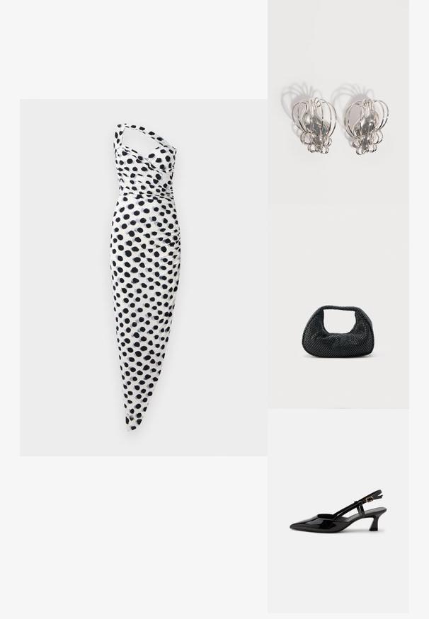 Vestido blanco con un diseño de un solo hombro, adornado con lunares negros, y un ajuste ceñido al cuerpo con detalles fruncidos a lo largo del costado.; Zapato slingback de charol negro con tacón bajo, punta puntiaguda y correa ajustable con hebilla dorada sobre fondo blanco.; Bolso hobo tejido negro con estructura suave y asa integrada, exhibido sobre un fondo liso y claro.; Par de pendientes de metal plateado con diseño de jaula de alambre abierto y formas ovaladas centrales lisas que proyectan sombras curvas sobre un fondo blanco.