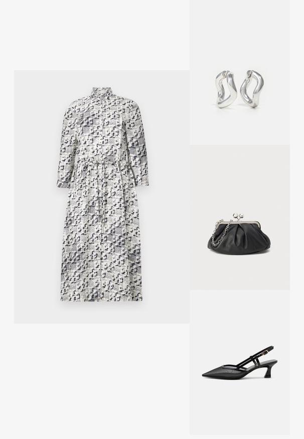 Langærmet skjortedress i hvid og marineblå med leopardprintmønster, der har en stående krave og en indsnøret talje for en tætsiddende pasform.; Sort spids tå slingback-sko med mesh-øverdel, tynde stropper, guldlås og lav buet hæl på hvid baggrund.; Sort læder clutch med samlet tekstur, sølvfarvet metalramme, kys-lås lukning og kædestrop. Glat, blød overflade.; Sølv øreringe i hoop-design med snoet mønster. Runde kanter og blank finish. Åbne lukninger for nem brug. Glat tekstur over det hele.