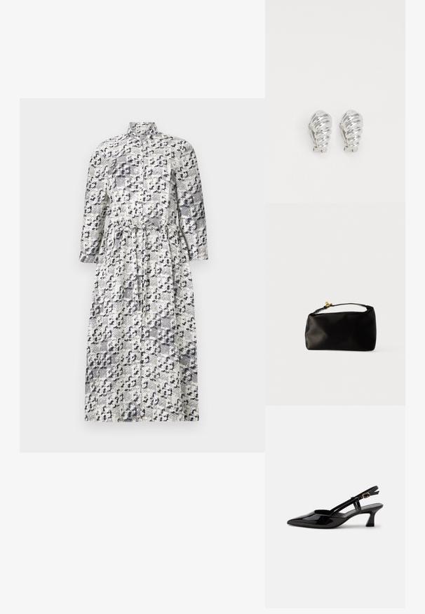 Langærmet skjortedress i hvid og marineblå med leopardprintmønster, der har en stående krave og en indsnøret talje for en tætsiddende pasform.; Sort laklæderslingback med lille hæl, spids tå og justerbar guldlåsrem på hvid baggrund.; Sort satinpung med en afrundet form, et håndtag i toppen og en guldaccentlås. Glat tekstur med et minimalistisk design.; Sølv clip-on øreringe med spiralmønster, der har en glat metallisk tekstur og runde former. Ingen synlige udsmykninger eller mønstre.