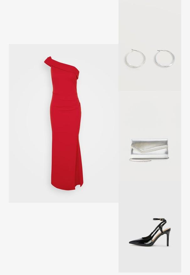 Vestido rojo de un solo hombro con silueta ajustada, abertura lateral y detalle drapeado en el escote, hecho de una tela suave.; Zapato de charol negro de tacón alto, tipo slingback, con punta afilada, correa ajustable en el tobillo y lados abiertos. Textura lisa.; Bolso clutch plateado brillante con solapa de estilo sobre y adorno decorativo, pequeña correa de cadena plateada, sobre fondo liso claro.; Pendientes de aro de metal plateado con superficie lisa y ligeramente curvada y cierre de tipo mosquetón sobre un fondo blanco liso.