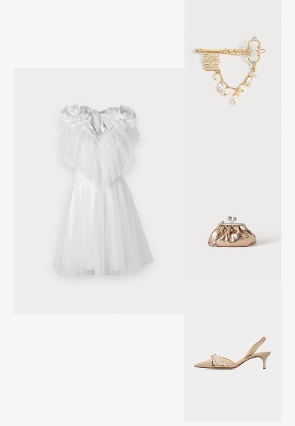 Witte jurk met bloemaccenten op de schouders, voorzien van gelaagd tule en een aangesloten lijfje. De zoomlijn valt boven de knie.; Beige kittenheel slingback met puntige neus, decoratieve knoop op het bovenwerk en een lage, slanke hak.; Kleine gouden metallic clutch met zilveren sluiting en kettingriem op een effen lichte achtergrond.; Gouden decoratieve broche in sleutelvorm met heldere kristallen, filigraan details en hangende gouden ketting met parels en kristallen bedels op een witte achtergrond.