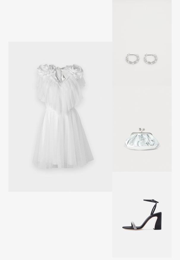 Witte jurk met bloemaccenten op de schouders, voorzien van gelaagd tule en een aangesloten lijfje. De zoomlijn valt boven de knie.; Zwarte sandaal met hoge hak, enkelbandje en een glinsterend rhinestone bandje over de tenen, op een witte achtergrond.; Kleine zilverkleurige metalen clutch met een afgerond, geplooid ontwerp en een sluiting met twee zilveren bollen.; Zilveren oorringen met parel- en kristalaccenten, met een gestructureerd oppervlak en een veilige postsluiting.