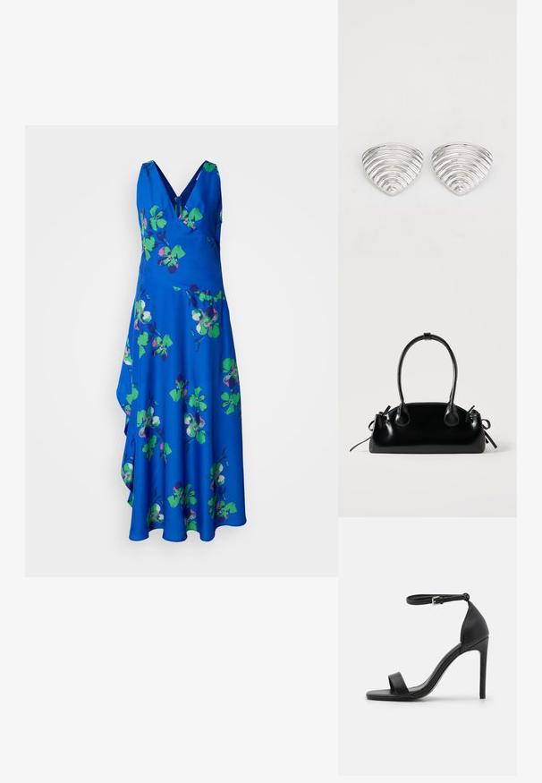 Robe sans manches bleu avec un décolleté en V, ornée d'un motif floral en vert et violet. Jupe fluide à ourlet asymétrique.; Sandale noire à talons hauts au design épuré, avec une bride au niveau de la cheville, un bout ouvert et une texture en cuir lisse.; Petit sac à main noir brillant avec deux longues anses et des détails à cordon sur les côtés sur un fond clair uni.; Boucles d'oreilles en argent avec un design ondulé et texturé, en forme de croissants superposés ; la finition polie accentue les qualités réfléchissantes.