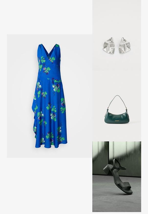 Robe sans manches bleu avec un décolleté en V, ornée d'un motif floral en vert et violet. Jupe fluide à ourlet asymétrique.; Sandale en cuir noir avec talon épais et bride à la cheville, flottant au-dessus d'une surface grise sur un fond vert flou.; Sac à épaule en cuir vert foncé avec une seule bandoulière, fermeture éclair dorée et logo "Love Moschino" doré au centre avant.; Boucles d'oreilles en métal argenté avec un design ondulé et sculptural, présentant une finition polie et des formes irrégulières, mettant en valeur une esthétique contemporaine.