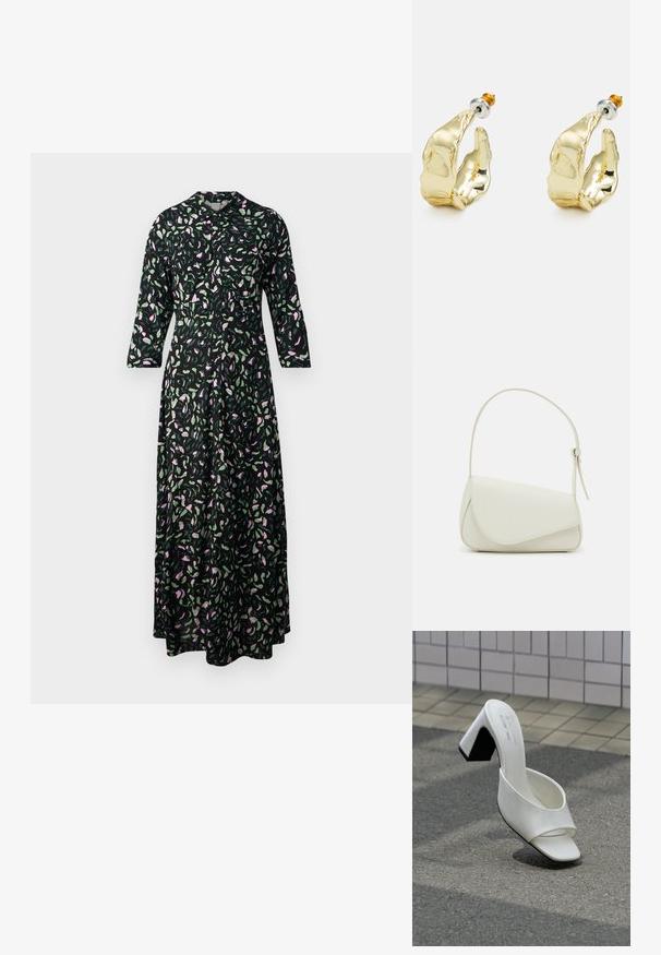 Blumenkleid aus schwarzem Stoff, mit rosa und grünen Blattmustern, einem Kragen und Dreiviertelärmel im geraden Schnitt.; Ein weißer offener Mule mit Blockabsatz steht auf grauem Asphalt vor einer gefliesten Wand.; Weiße Kunstleder-Handtasche mit einer strukturierten dreieckigen Form, einem verstellbaren Einzelgurt und einem Klappenverschluss mit geschwungenen Akzenten.; Goldfarbene Ohrringe in Form abstrakter Hände, mit einer glänzenden Oberfläche, filigranen Details und einem Silber- und Goldstift für sicheren Halt.