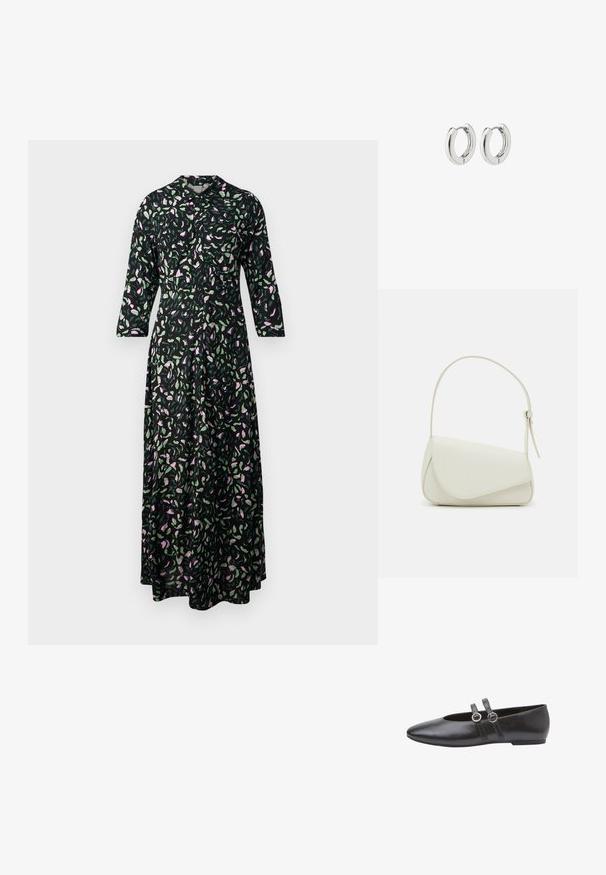 Robe longue florale en tissu noir, avec des motifs de feuilles roses et vertes, un col, et des manches trois-quarts avec une coupe droite.; Chaussures plates en cuir noir avec un bout pointu, dotées de deux brides avec des éléments circulaires en métal et une semelle basse et plate. Texture lisse sur toute la surface.; Sac à main en cuir synthétique blanc avec une forme triangulaire structurée, une bandoulière unique réglable et un rabat à courbes accentuées.; Boucles d'oreilles en argent avec une finition polie, présentant un design circulaire et des charnières sans soudure, affichant une texture lisse.