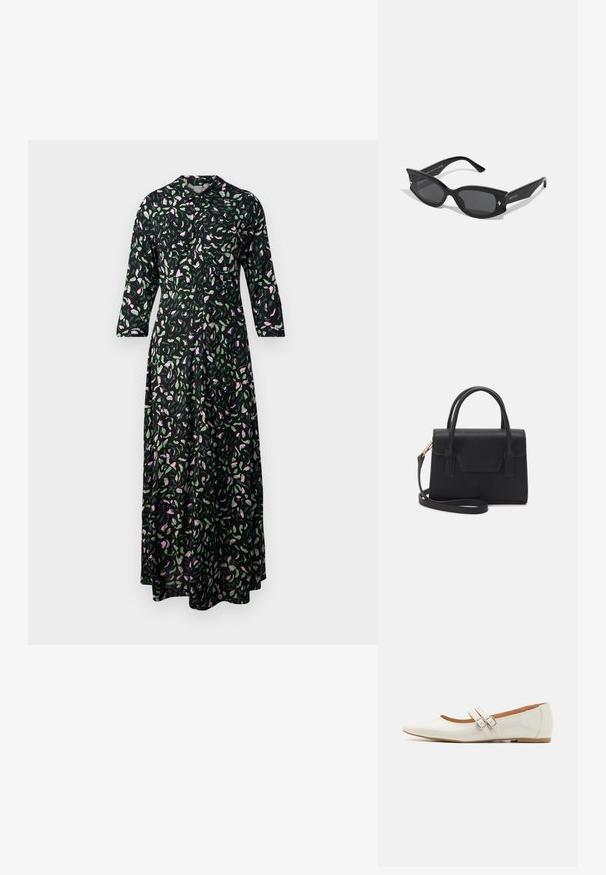 Blumenkleid aus schwarzem Stoff, mit rosa und grünen Blattmustern, einem Kragen und Dreiviertelärmel im geraden Schnitt.; Weiße Lacklederschuhe mit spitzem Zehen, zwei dekorativen Riemen mit silbernen Schnallen und einer dezenten braunen Sohle.; Schwarze Katzenaugen-Sonnenbrillen mit dicken Rahmen, grauen Gläsern und kleinen dekorativen Metallakzenten. Glattes Plastikmaterial, kantiges Design.; Schwarze strukturierte Handtasche aus Leder mit einem oberen Tragegriff, abnehmbarem Schulterriemen und einer Klappe auf der Vorderseite. Akzente in Goldmetall.