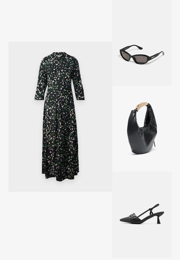 Robe longue florale en tissu noir, avec des motifs de feuilles roses et vertes, un col, et des manches trois-quarts avec une coupe droite.; Simmi London DALA - Escarpins - black; Lunettes de soleil noires avec une monture rectangulaire, des verres sombres, un matériau plastique lisse et un accent métallique sur la branche.; Sac à main en simili cuir noir avec une silhouette courbée. Caractéristiques d'une poignée en métal doré brillant et d'une texture froncée le long de l'ouverture supérieure.