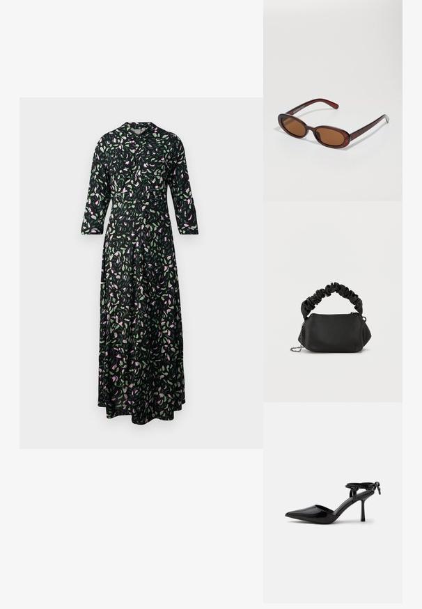 Blumenkleid aus schwarzem Stoff, mit rosa und grünen Blattmustern, einem Kragen und Dreiviertelärmel im geraden Schnitt.; Schwarzer Lackleder-Pumps mit spitzer Zehenpartie und Knöchelriemen, hinten zu einem Knoten gebunden, gezeigt auf weißem Hintergrund.; Runde, braun getönte Sonnenbrillen mit einem glänzenden burgunderfarbenen Rahmen. Schlanke Bügel mit dezentem Branding. Flaches Linsendesign.; Schwarze Handtasche mit runder Form, aus glattem Material gefertigt. Verfügt über einen weichen, gerafften Griff und einen Metallkettengurt für Vielseitigkeit.
