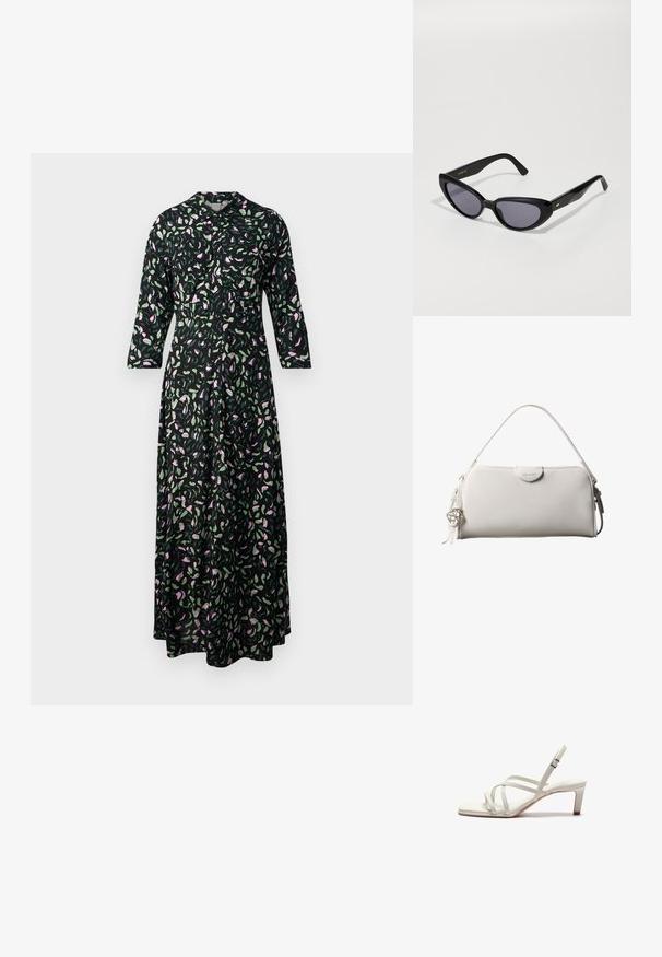 Pitkä kukallinen mekko mustasta kankaasta, jossa on vaaleanpunaisia ja vihreitä lehtikuvioita, kauluksen ja kolmen neljäsosan hihansuut suorassa leikkauksessa.; Zign Avokkaat - off white; Musta kissansilmä aurinkolasit tummilla linsseillä. Valmistettu kiiltävästä muovista, jossa on hillitty kultainen yksityiskohta taitteessa. Sujuva pinta ja rohkea muoto.; Valkoinen suorakaiteen muotoinen Calvin Kleinin käsilaukku, jossa on yksittäinen kahva, minimalistinen muotoilu ja koristeelliset tupsut, joissa on geometrinen metalliriipus sivulla.