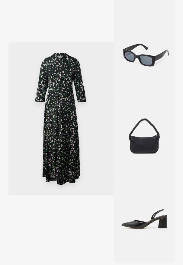 Vestido largo floral de tejido negro, con patrones de hojas rosas y verdes, color cuello, y mangas tres cuartos con corte recto.; Zapato slingback de cuero negro con punta puntiaguda, tacón bajo de bloque y diseño minimalista con finas tiras y textura suave.; Gafas de sol rectangulares negras con lentes oscuros, montura de plástico grueso y patillas anchas. Superficie lisa y diseño anguloso.; Bolso negro de forma redondeada, hecho de material liso. Presenta un asa trenzada y un cierre de cremallera para un almacenamiento seguro.
