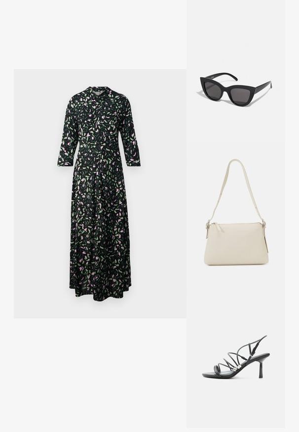Vestido largo floral de tejido negro, con patrones de hojas rosas y verdes, color cuello, y mangas tres cuartos con corte recto.; Sandalia negra de tacón alto con tiras finas y curvas, detalles plateados y una hebilla ajustable en el tobillo sobre un fondo blanco.; Gafas de sol negras en forma de ojo de gato con un acabado mate, que presentan lentes ahumados grises, ángulos pronunciados y brazos laterales elegantes. Nombre de la marca visible en el interior del brazo.; Bolso de hombro beige hecho de cuero suave con cierre de cremallera. Presenta un diseño simple, correa de hombro delgada y acentos de hardware metálico.