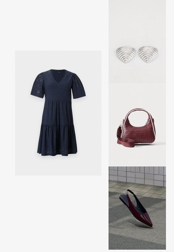 Robe bleu marine longueur genoux avec décolleté en V, manches courtes bouffantes et motif en dentelle ajourée sur toute la matière.; Chaussure plate slingback en cuir verni marron avec bout pointu flottant au-dessus d'un trottoir texturé près d'un mur carrelé.; Sac à main en cuir tressé marron foncé avec poignée courbée, garniture blanche, fermeture éclair argentée et bandoulière large en tissu amovible sur fond uni.; Boucles d'oreilles en argent avec un design ondulé et texturé, en forme de croissants superposés ; la finition polie accentue les qualités réfléchissantes.