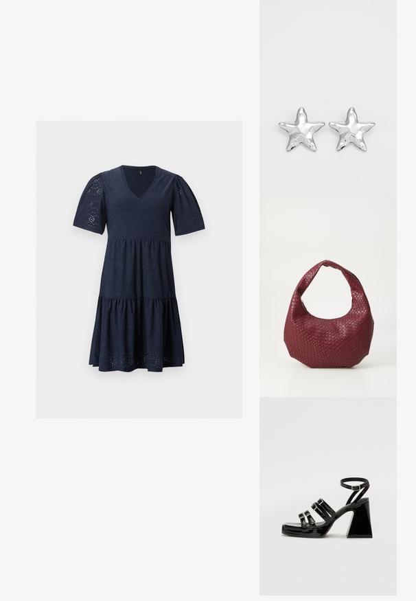 Robe bleu marine longueur genoux avec décolleté en V, manches courtes bouffantes et motif en dentelle ajourée sur toute la matière.; Sandales à talons en cuir verni noir avec un bout carré, design à multiples brides, bride de cheville réglable et un talon géométrique épais.; Sac à main tissé bordeaux avec une silhouette arrondie, une seule poignée et une finition texturée. Fermeture zippée en haut.; Boucles d'oreilles argentées en forme d'étoile, avec une surface lisse et brillante. Chaque boucle d'oreille possède cinq pointes et des détails subtils de texture de surface.