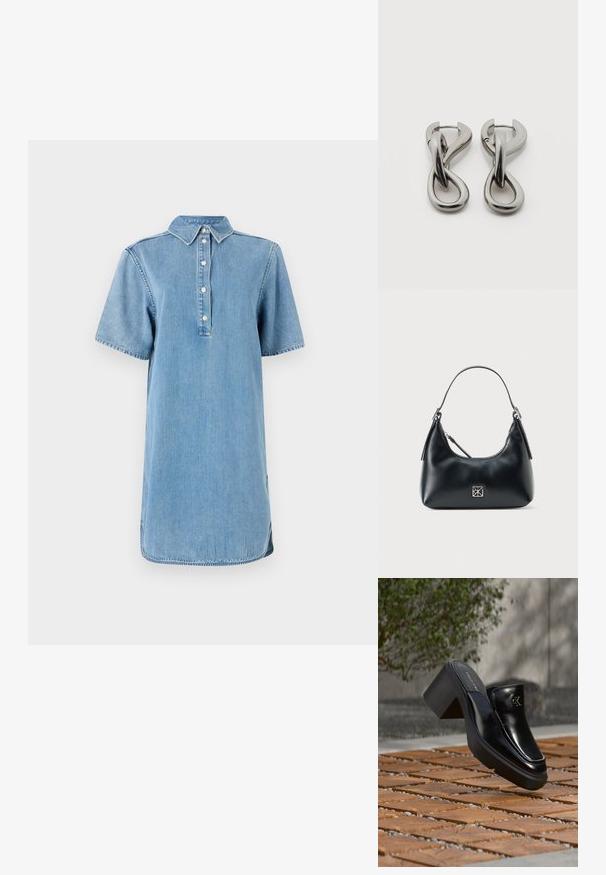 Jeanshemdkleid in Hellblau mit Kragen, kurzen Ärmeln, Knopfleiste und geradem Schnitt mit leicht abgerundetem Saum.; Schwarze Leder-Slip-on-Mule von Calvin Klein mit Blockabsatz, die auf Holzfliesen im Freien nahe einer grünen Pflanze und einer grauen Wand ruht.; Schwarze Leder-Schultertasche mit einem einzelnen Griff, Reißverschluss und einem kleinen quadratischen silbernen Logo auf der Vorderseite.; Paar silberfarbene Metallohrringe mit abstraktem ineinandergreifendem Schlaufen-Design auf weißem Hintergrund.