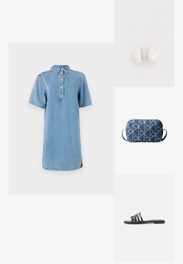 Denim skjortekjole i lyseblå med krave, korte ærmer, knaplukning og lige snit med en let buet kant.; Sort flad sandals med tynde, horisontale remme og dekorative udskæringsdetaljer på en hvid baggrund.; Blå denim rektangulær crossbody taske med hvidt geometrisk stikmønster og lynlåslukning.; Sølvmetal dråbeøreringe med en glat, reflekterende overflade og tåreform, der har et sammenhængende design uden synlige udsmykninger.