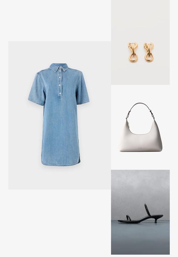 Vestido de camisa de mezclilla en azul claro con collar, mangas cortas, tapeta de botones y un corte recto con dobladillo ligeramente curvado.; Sandalia de tacón negra Calvin Klein con tiras finas, equilibrada sobre baldosas de madera al aire libre cerca de una pared y vegetación.; Bolso de hombro de cuero color crema de Calvin Klein con borde superior curvado, cremallera plateada y correa ajustable marrón oscuro.; Par de pendientes de aro con acabado dorado brillante sobre fondo blanco liso, con diseño entrelazado y torsionado.