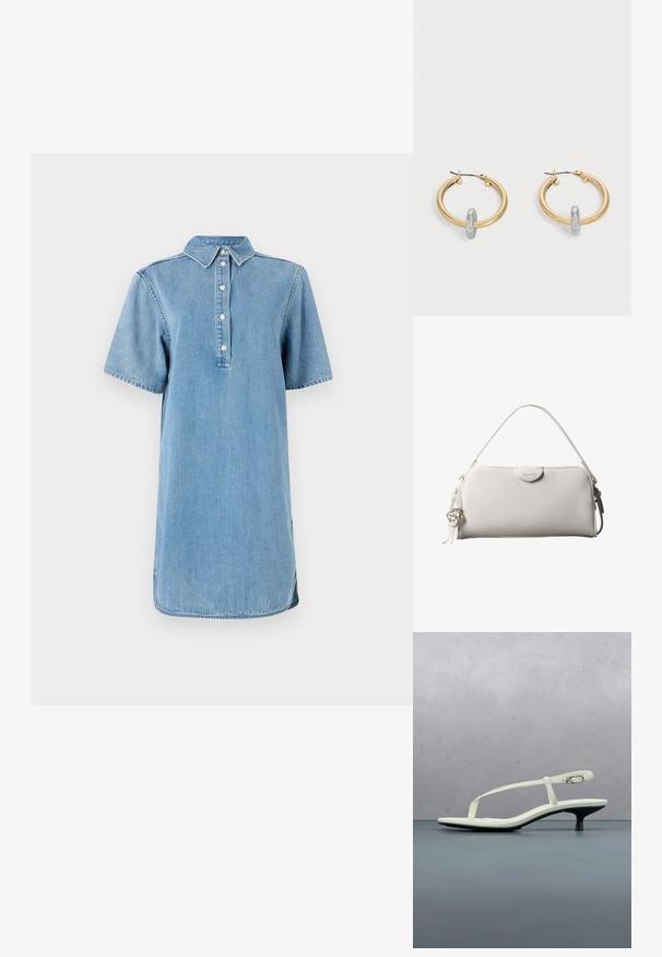 Jeanshemdkleid in Hellblau mit Kragen, kurzen Ärmeln, Knopfleiste und geradem Schnitt mit leicht abgerundetem Saum.; Weiße Riemchenpantolette mit kitten heel und spitz zulaufender Zehenpartie, schwebt über einem Holzkachelboden im Freien mit verschwommenem Pflanzen- und Wandhintergrund.; Weiße rechteckige Calvin Klein Handtasche mit einem einzelnen Henkel, minimalistischem Design und dekorativen Quasten mit geometrischem Metallanhänger an der Seite.; Paar goldfarbene Creolen mit kleinem silberfarbenem Schlaufen-Detail an jeder, vor hellem grauem Hintergrund präsentiert.