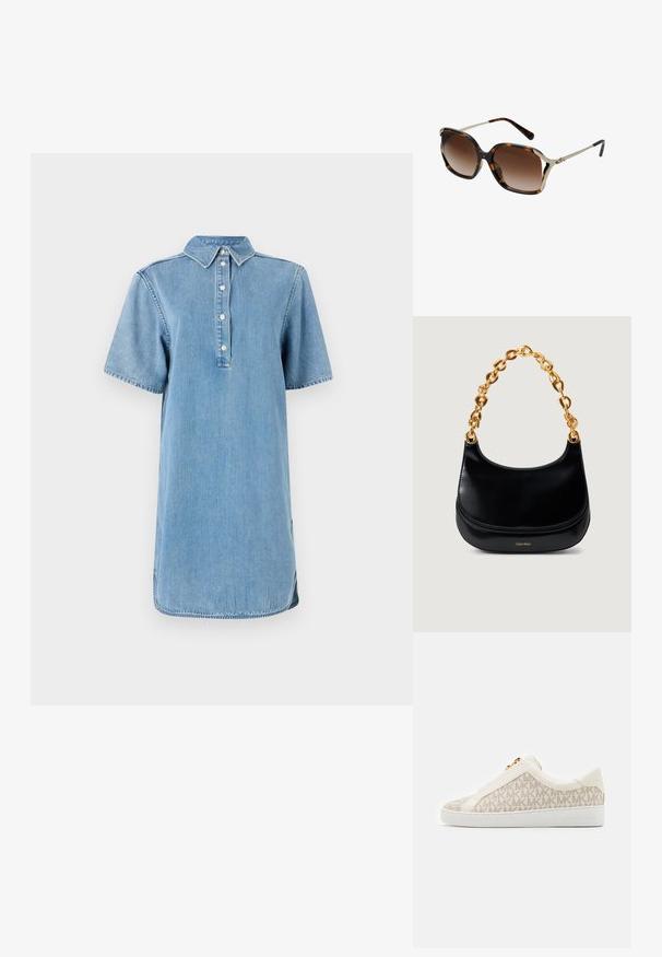 Denim skjortekjole i lyseblå med krave, korte ærmer, knaplukning og lige snit med en let buet kant.; Hvide sneakers med beige MK-mønster, en lynlås lukning og en struktureret overflade. Har en solid hvid sål og prægede brandlogo på hælen.; Overdimensionerede solbriller med en skildpaddemønstret ramme, guldfarvede accenter, gradient brune linser og et unikt geometrisk design.; Sort læderhåndtaske med en glat tekstur, buet form og et stort guld kædehåndtag. Har det prægede "Calvin Klein"-logo på forsiden.