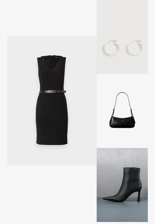 Schwarzes figurbetontes Kleid mit V-Ausschnitt und ohne Ärmel, ausgestattet mit goldenen Schulterakzenten und einem taillierten schwarzen Gürtel mit einer metallischen Schnalle.; Schwarze Leder-Stiefelette mit spitzem Zehenbereich und einem geometrischen Absatz. Verfügt über dezente Branding-Elemente und eine glatte Textur. Der Hintergrund zeigt strukturierte Fliesen.; Schwarze kleine Lederschultertasche mit dünnem Riemen und kleinem goldenem CK-Logo auf der Vorderseite in der Mitte.; Paar mittelgroße glänzende silberne Hoop-Ohrringe mit dünnen Metallverschlüssen auf hellem neutralem Hintergrund.